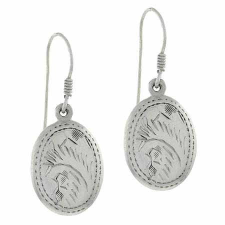 Sterling Silver Etched Design Oval Dangle Earrings E9177