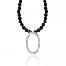 Sterling Silver Faceted Genuine Onyx stone bead Diamond cz Oval Necklace N9952OF