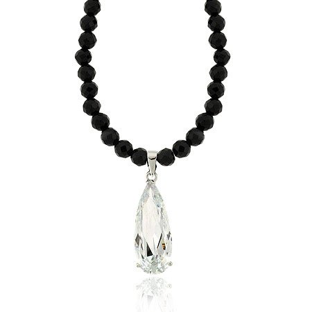 Sterling Silver Faceted Genuine Onyx stone Bead Diamond cz TearDrop Necklace N9962OF