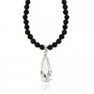 Sterling Silver Faceted Genuine Onyx stone Bead Diamond cz TearDrop Necklace N9962OF