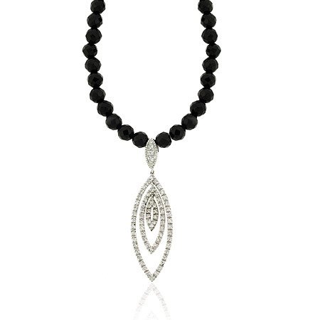 Sterling Silver Faceted Genuine Onyx Stone Bead Pave Diamond cz Leaf Necklace N9956OF