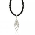 Sterling Silver Faceted Genuine Onyx Stone Bead Pave Diamond cz Leaf Necklace N9956OF