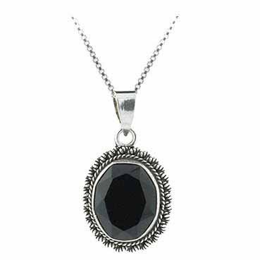 Sterling Silver Faceted Onyx Bali Bead Oval Pendant P8618OF