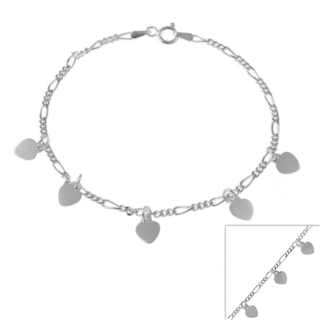 Sterling Silver Figaro Chain Bracelet with Dangling Heart Charms B10904-7