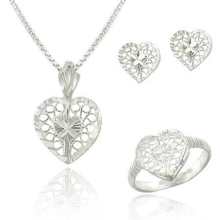 Sterling Silver Filigree Heart Pendant Necklace, Stud Earrings, Ring- Jewelry Set S9730