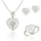Sterling Silver Filigree Heart Pendant Necklace, Stud Earrings, Ring- Jewelry Set S9730