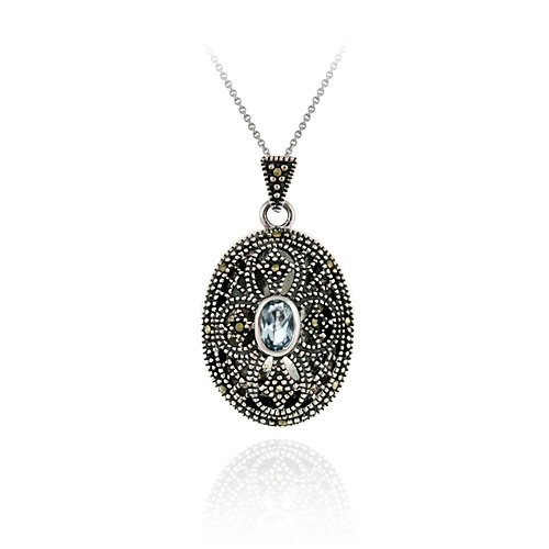 Sterling Silver Filigree Marcasite & Genuine Blue Topaz Cross Locket P3008BT