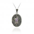 Sterling Silver Filigree Marcasite Genuine Amethyst Cross Locket P3008A