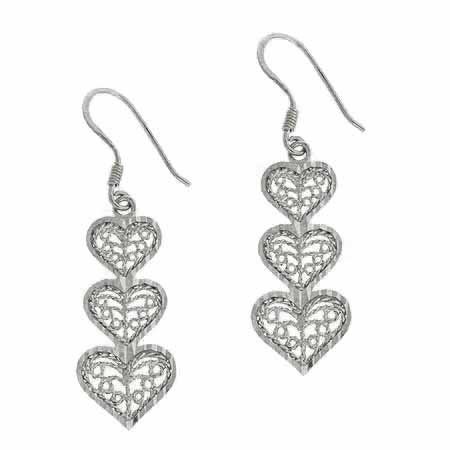 Sterling Silver Filigree Three Graduating Hearts Dangle Earrings E9260