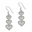 Sterling Silver Filigree Three Graduating Hearts Dangle Earrings E9260