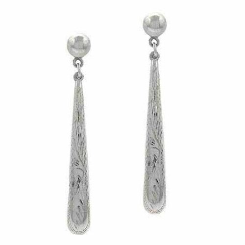 Sterling Silver Flower Vine Etched Design Teardrop Earrings E9025