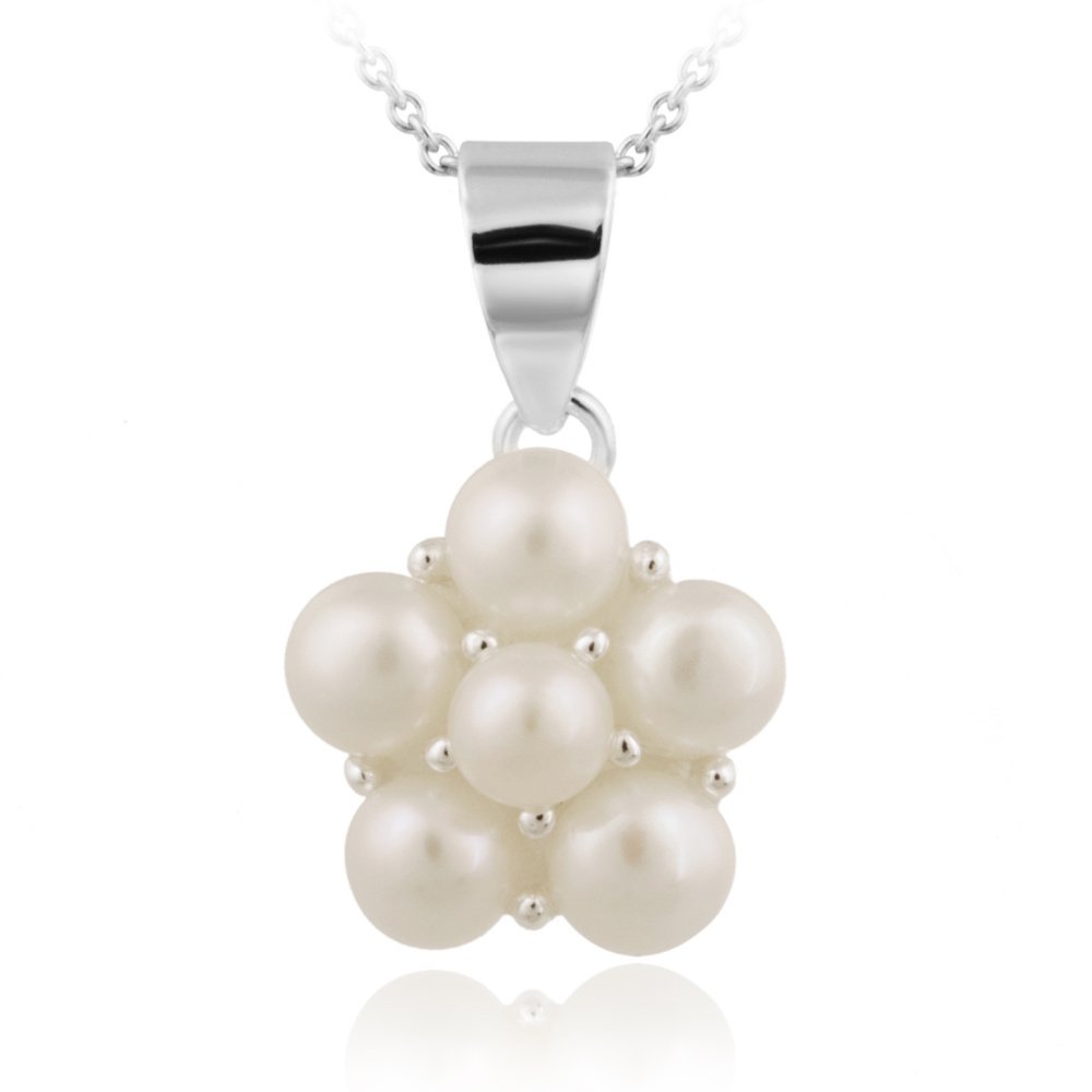 Sterling Silver Freshwater Cultered White Pearls Flower Cluster Necklace P12481PL