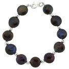Sterling Silver Freshwater Cultured Iridescent Black Coin Pearl Bead Bracelet B9657FPCK
