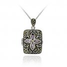 Sterling Silver Genuine Amethyst Flower Marcasite Locket Necklace P2804A
