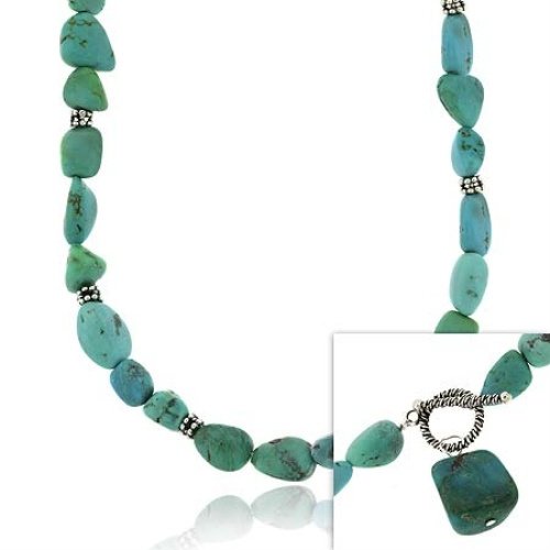 Sterling Silver Genuine Blue Turquoise stone bali bead nugget toggle Necklace N9857TQ4