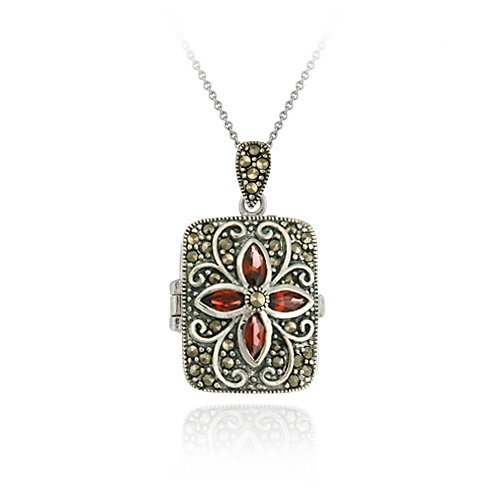 Sterling Silver Genuine Garnet Flower Marcasite Locket P2804G