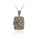 Sterling Silver Genuine Garnet Flower Marcasite Locket P2804G
