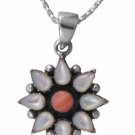 Sterling Silver Genuine Mother of Pearl and Pink Coral Flower Pendant 2124