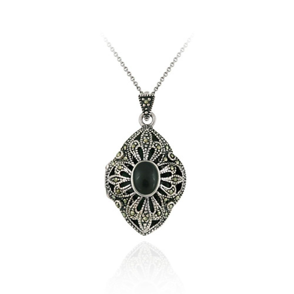 Sterling Silver Genuine Onyx & Marcasite Diamond Shaped Locket P2809O