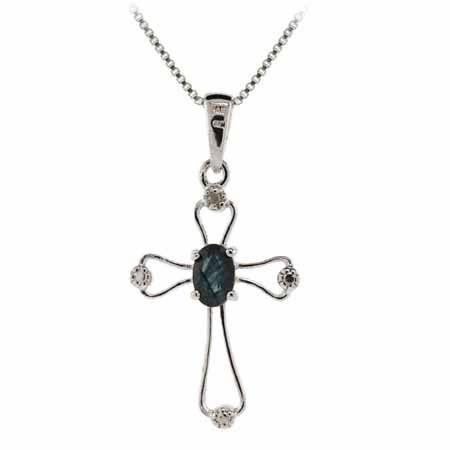 Sterling Silver Genuine Sapphire Diamond Accent Cross Pendant P5046S