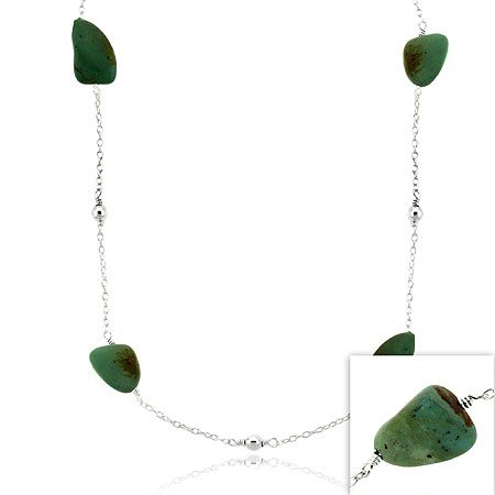 Sterling Silver Genuine Turquoise Stone bead Strand Chain Necklace N9866TQ3