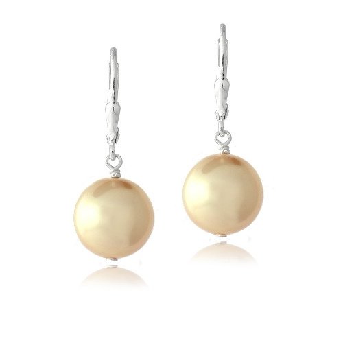 Sterling Silver Gold Swarovski Pearl Dangle Leverback Earrings, 12mm E12995GD