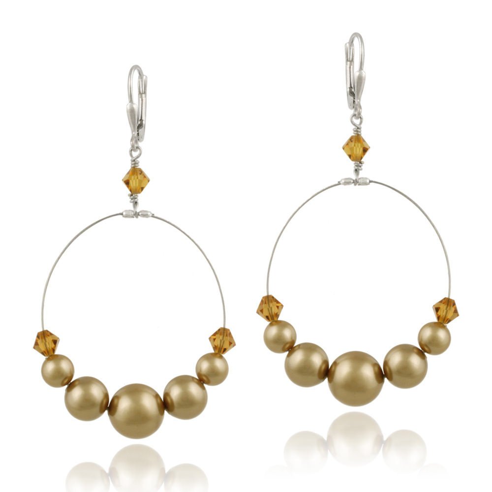 Sterling Silver Gold Swarovski Pearl Elements & Crystal Dangle Wire Leverback Earrings E12254M