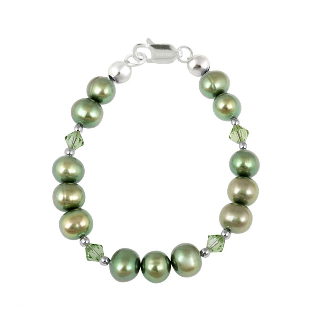 Sterling Silver Golden Green Freshwater Pearls & Green Swarovski Elements Baby Bracelet B12577M1-4