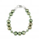 Sterling Silver Golden Green Freshwater Pearls & Green Swarovski Elements Baby Bracelet B12577M1-4