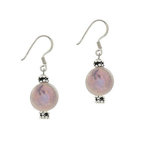 Sterling Silver Gray Freshwater Cultured Coin Pearl & Bali Bead Earrings E9662FGPL