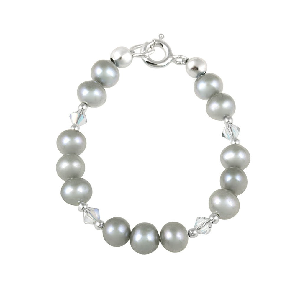 Sterling Silver Gray Freshwater Pearls & Clear Swarovski Elements Baby Bracelet B12577M3-5
