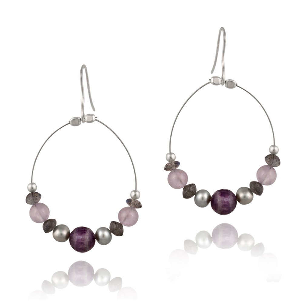 Sterling Silver Gray Pearls, Amethyst Chips & Stones Dangle Wire Earrings E12239M