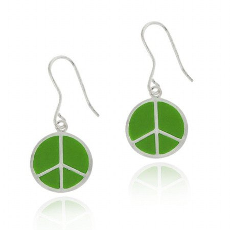 Sterling Silver Green Enamel Peace Sign Dangle Earrings E10797GR
