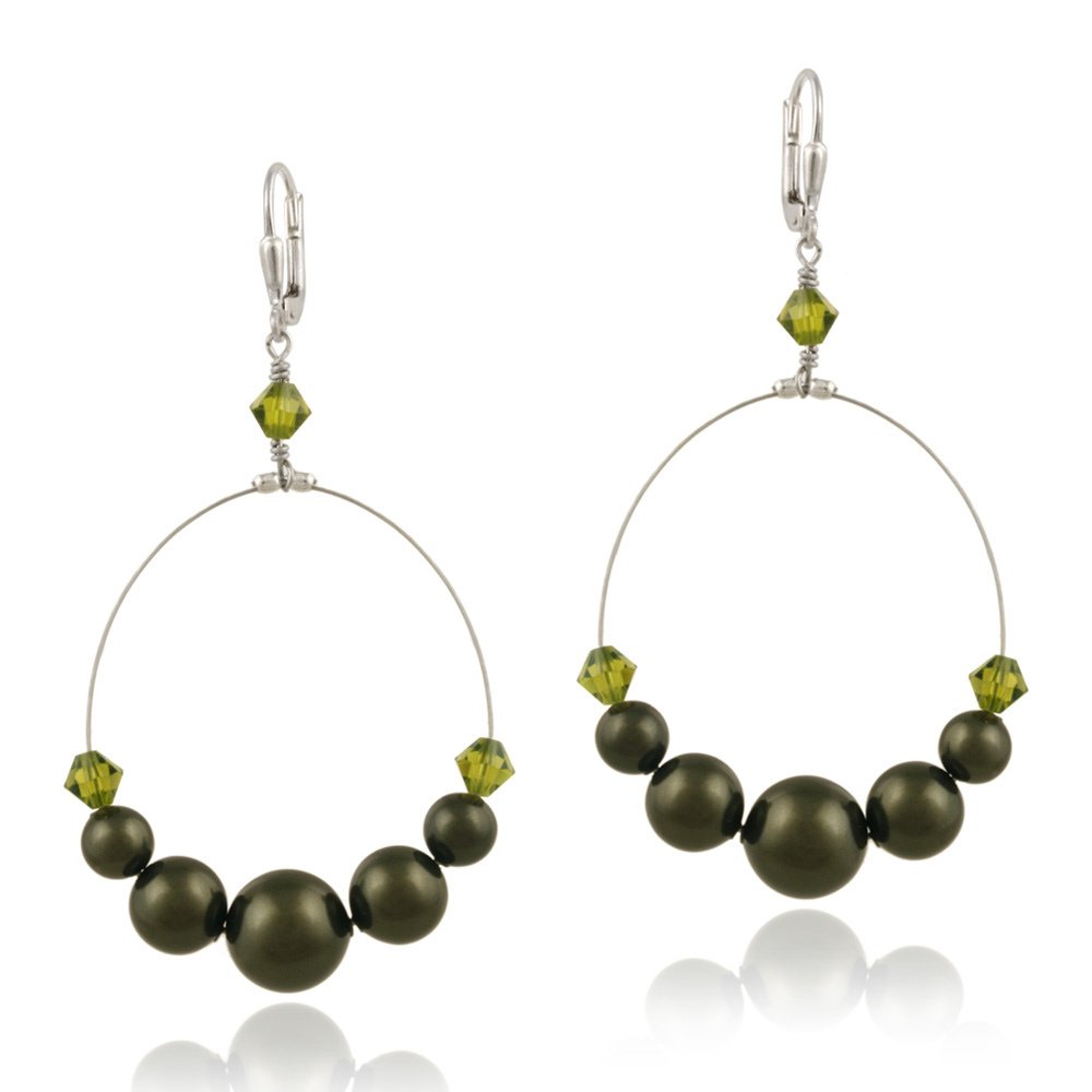Sterling Silver Green Swarovski Pearl & Crystal Dangle Wire Leverback Earrings E12254M1