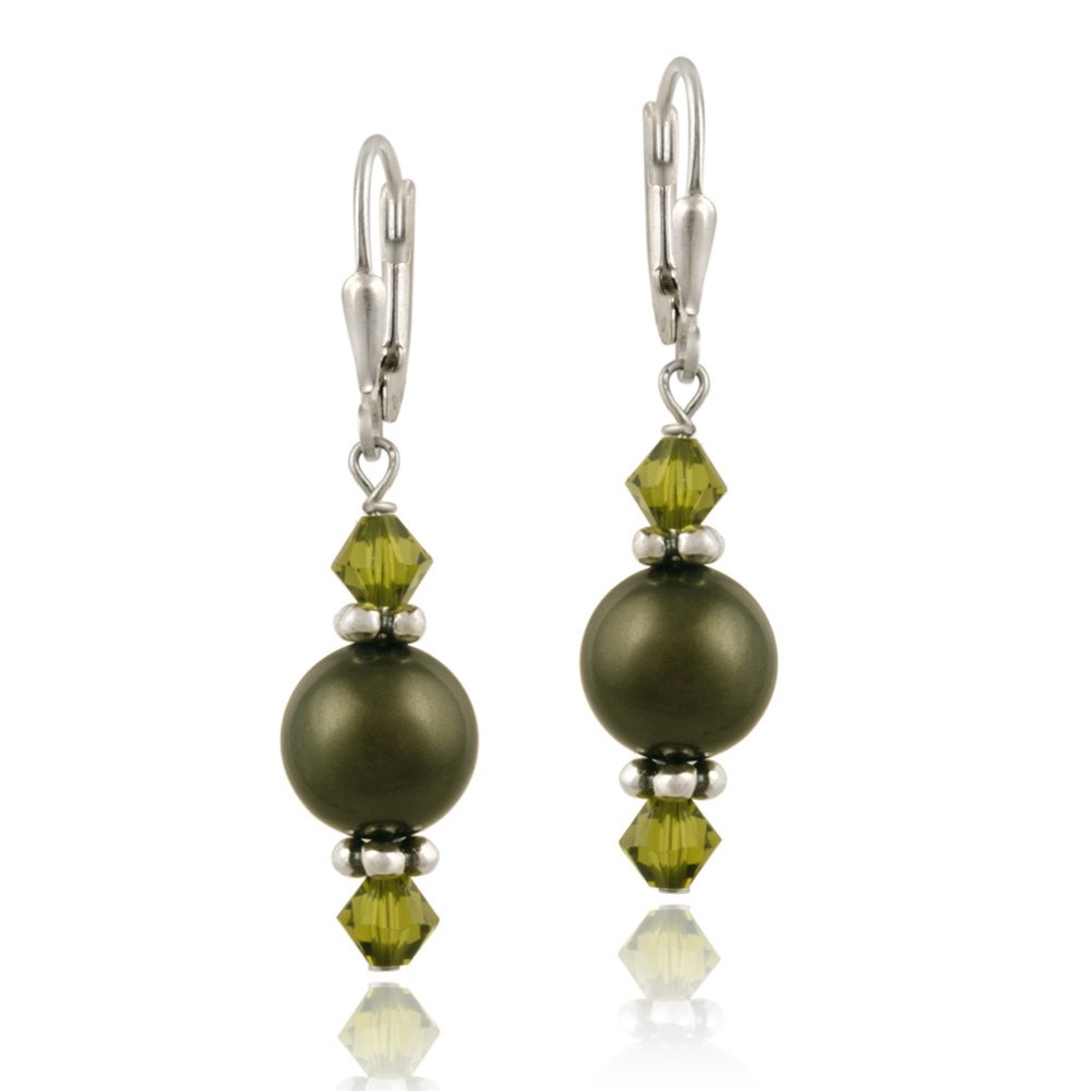 Sterling Silver Green Swarovski Pearl Elements & Crystal Dangle Leverback Earrings E12248M1