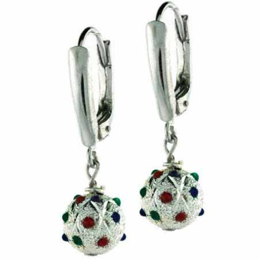 Sterling Silver Green, Red, & Blue CZ Bead Lever-Back Earrings E4722M