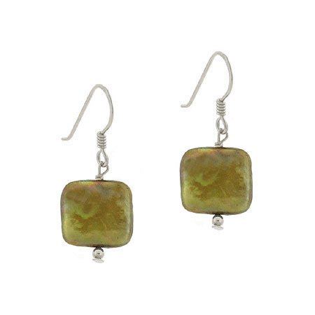 Sterling Silver Green-Gold Freshwater Cultured Coin Pearl Square Dangle Earrings E9510M3