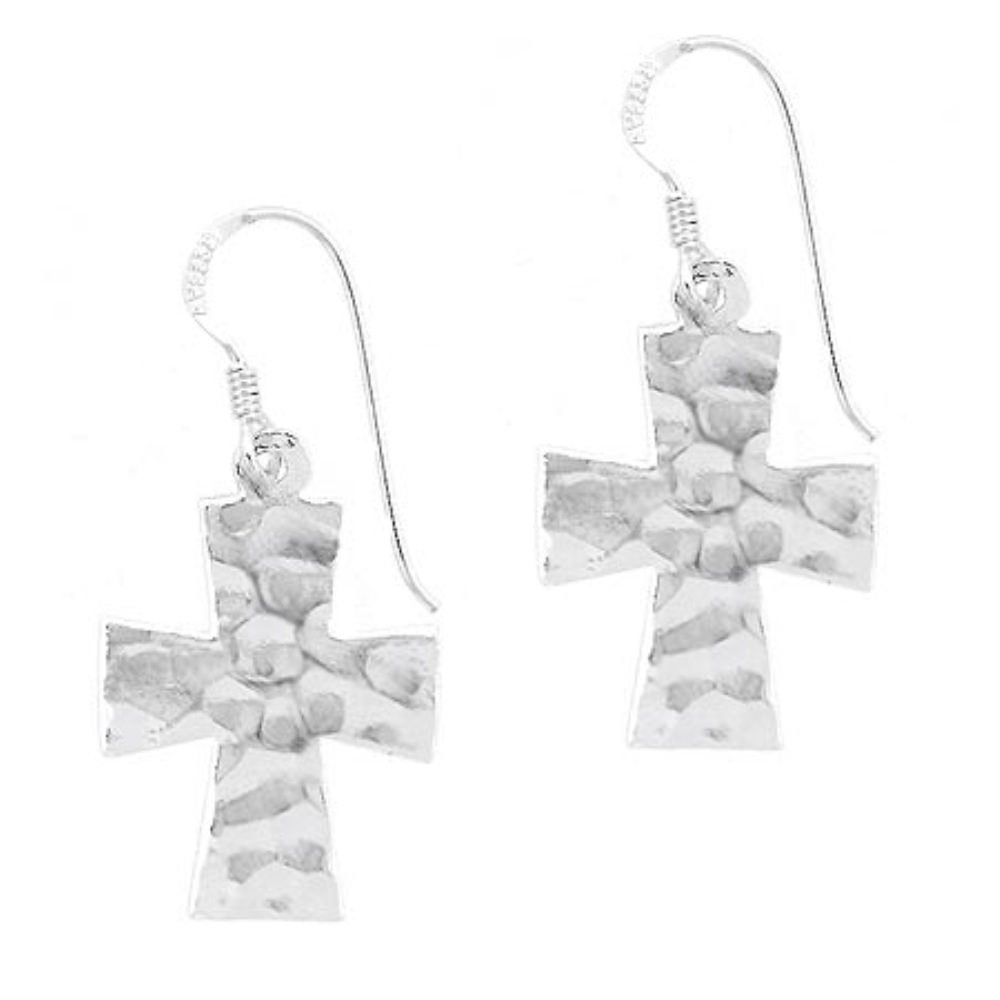 Sterling Silver Hammered Cross Dangle Earrings E10222