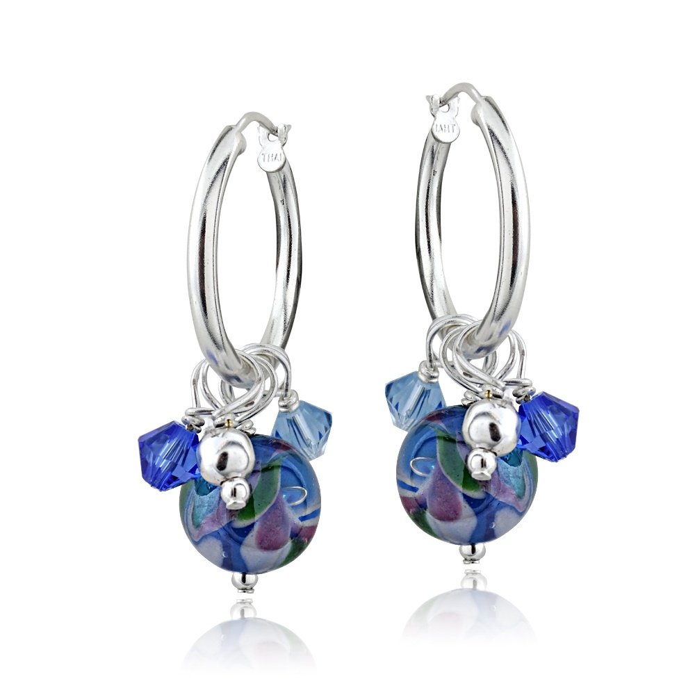 Sterling Silver Hand Blown Millefiori Blue Artisan Glass & Crystal Cluster Hoop Earrings E13917M12