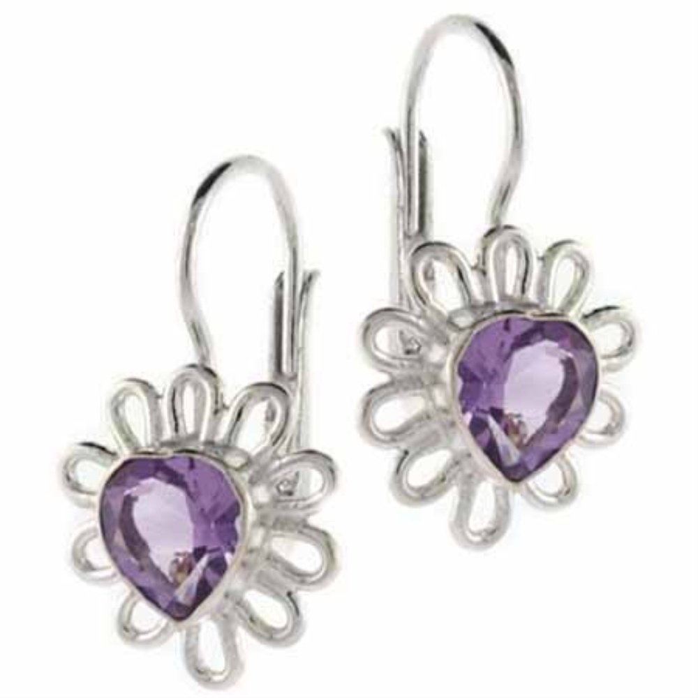 Sterling Silver Heart Amethyst Flower Leverback Earrings E8014A