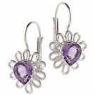 Sterling Silver Heart Amethyst Flower Leverback Earrings E8014A