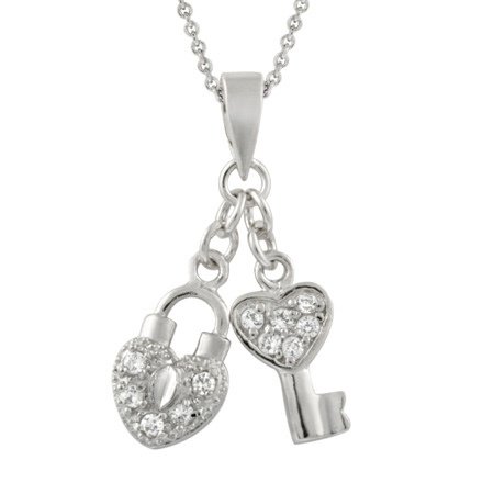 Sterling Silver Heart Lock & Key CZ Pendant P10615