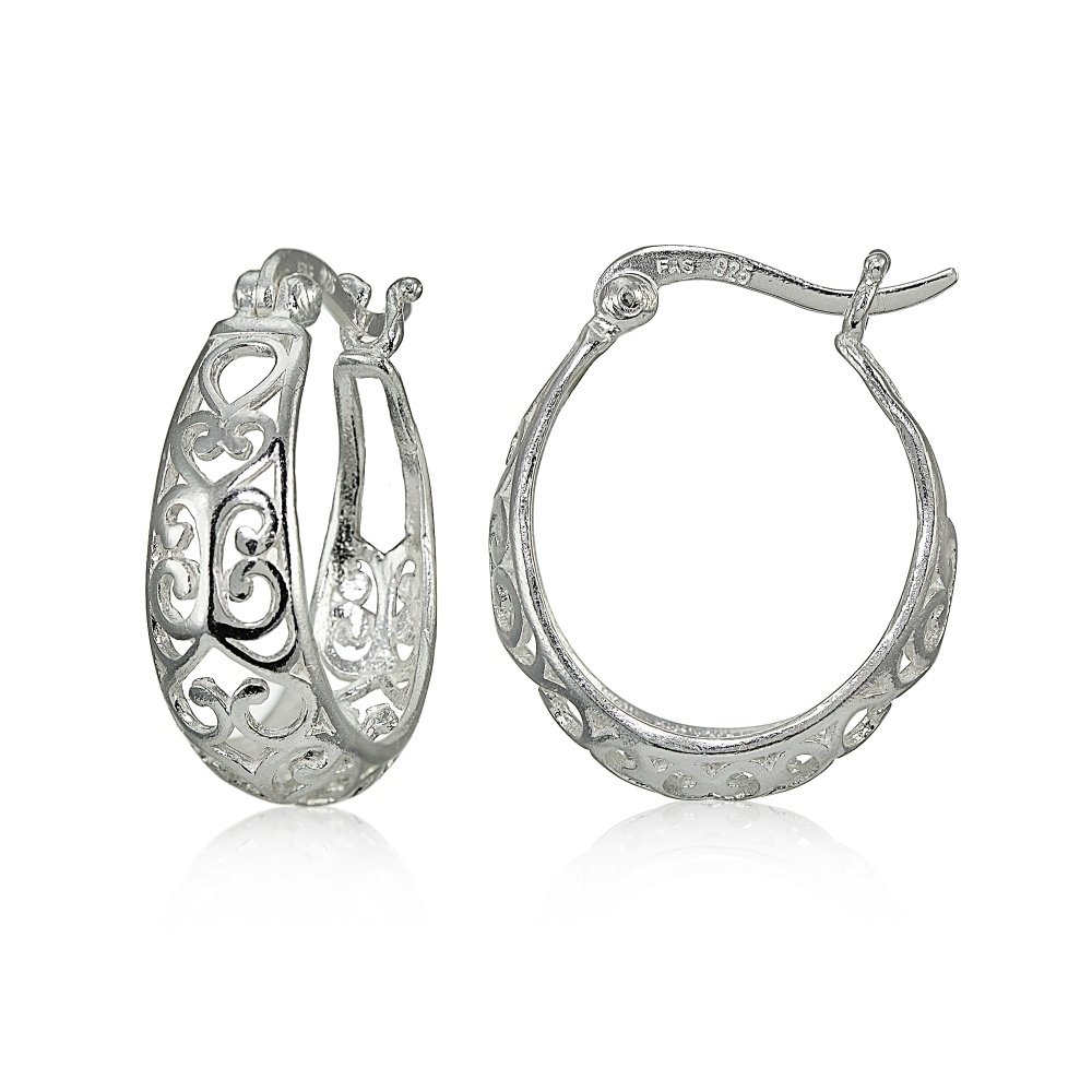 Sterling Silver High Polished Heart Filigree Oval Hoop Earrings H15278