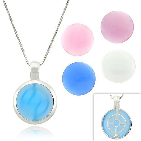 Sterling Silver Interchangeable Round Cats Eye Pendant Set S9493M2