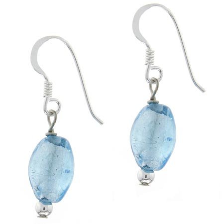 Sterling Silver Light Blue Foil Glass Bead Oval Dangle Earrings E10226M9
