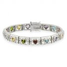 Sterling Silver Link Multi Color Light Green, Yellow, Blue, Red, and Purple Heart Bracelet 1399