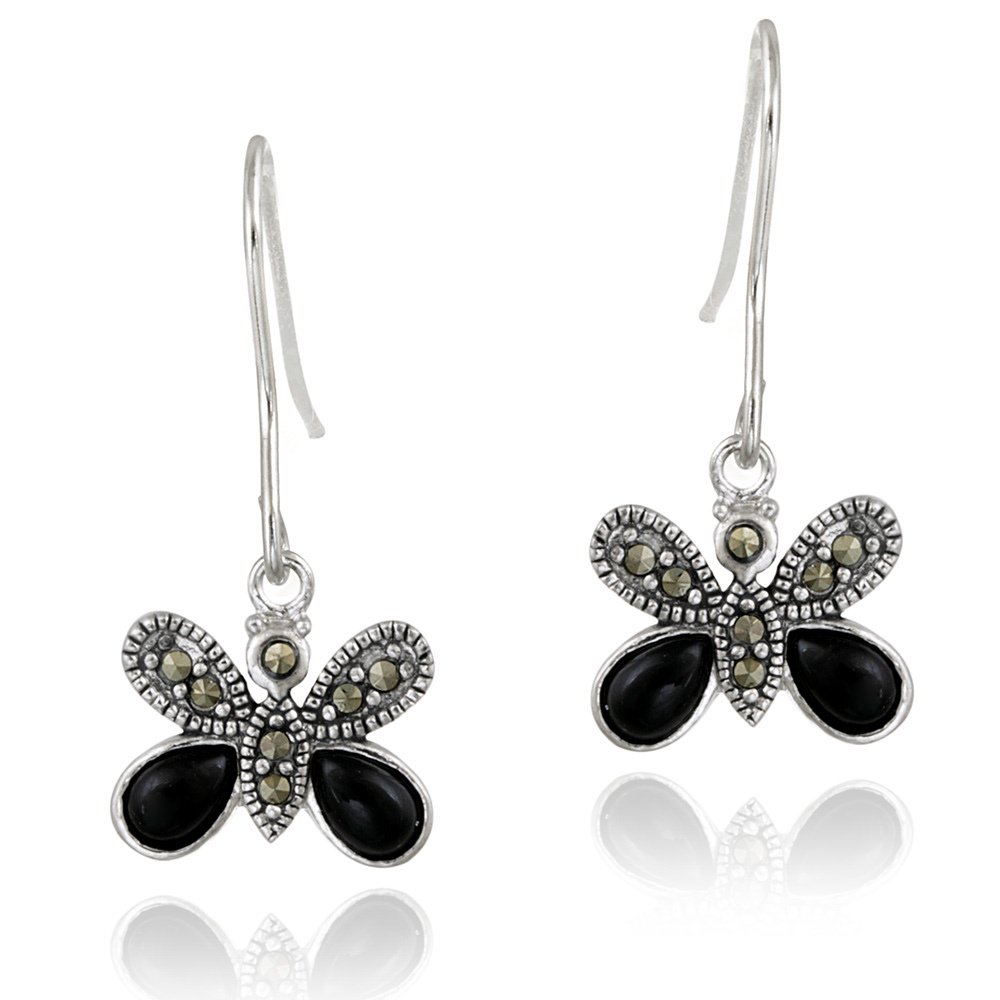 Sterling Silver Marcasite & Onyx Butterfly Earring E12183O