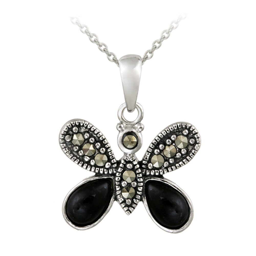 Sterling Silver Marcasite & Onyx Butterfly Pendant P12183O