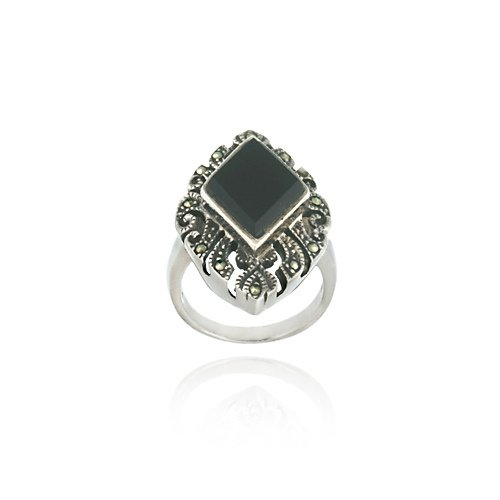 Sterling Silver Marcasite & Onyx Diamond Shape Filigree Ring Size 9 R11277O-9