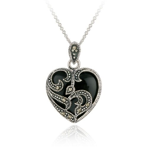 Sterling Silver Marcasite & Onyx Heart Pendant P10459O